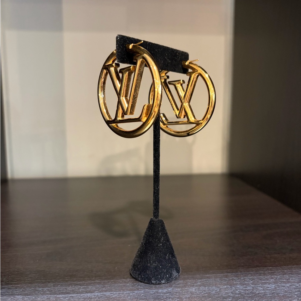 AUTHENTIC Louis Vuitton Gold Logo Hoop Earrings